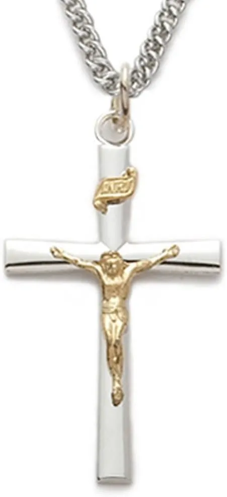 True Faith Jewelry Two-Tone Sterling Silver Jesus Crucifix Cross Pendant Necklace Gold Plated Religious Jewelry, 1 1/8 Inch