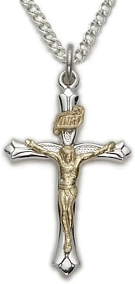 True Faith Jewelry Two-Tone Sterling Silver Jesus Crucifix Cross Pendant Necklace Gold Plated Religious Jewelry, 7/8 Inch