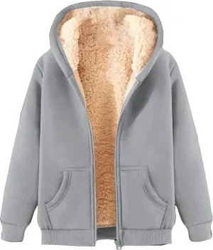 Unisex Boys Girls Fleece Jacket Hoodie Sherpa Lined Zip Up Hooded Sweatshirt Kids Winter Jackets with Pockets