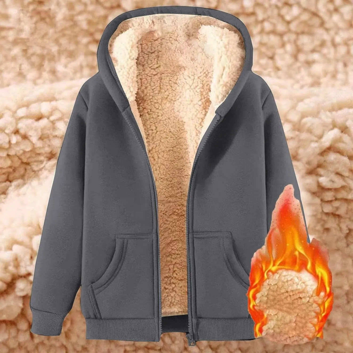 Unisex Boys Girls Fleece Jacket Hoodie Sherpa Lined Zip Up Hooded Sweatshirt Kids Winter Jackets with Pockets