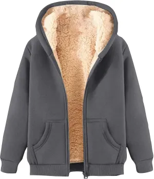Unisex Boys Girls Fleece Jacket Hoodie Sherpa Lined Zip Up Hooded Sweatshirt Kids Winter Jackets with Pockets