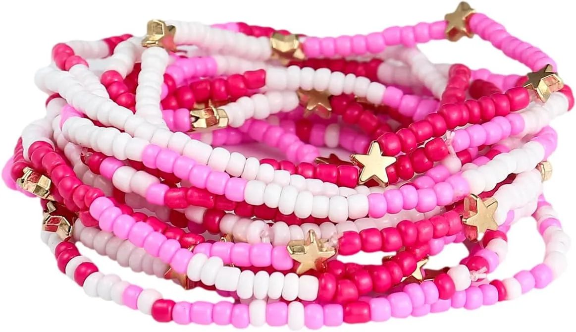 Valentine's Day Beaded Holiday Bracelets Set for Couple Women Bohemian Pink Red Love Heart Elastic Layering Festive Stackable Accessories Mother's Day Christmas Birthday Gifts