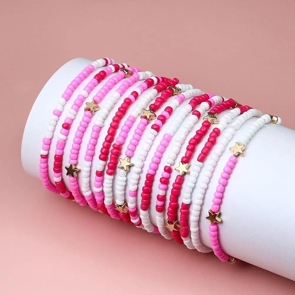 Valentine's Day Beaded Holiday Bracelets Set for Couple Women Bohemian Pink Red Love Heart Elastic Layering Festive Stackable Accessories Mother's Day Christmas Birthday Gifts
