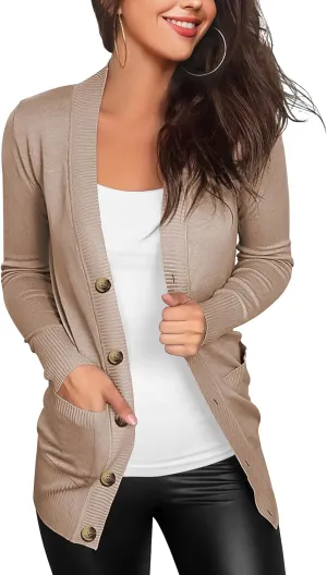 VERABENDI Women Long Sleeve Snaps Button Down V Neck Cute Knit Sweater Cardigan