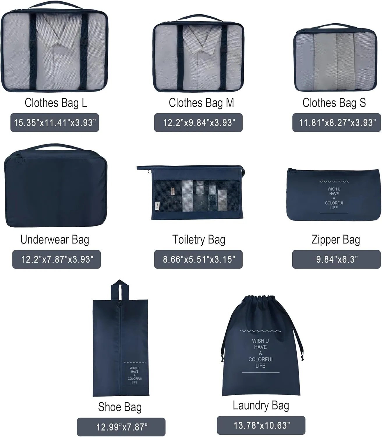 Vercord 8 Set Travel Packing Pods Luggage Organizers Cubes with Laundry Bags Accessories