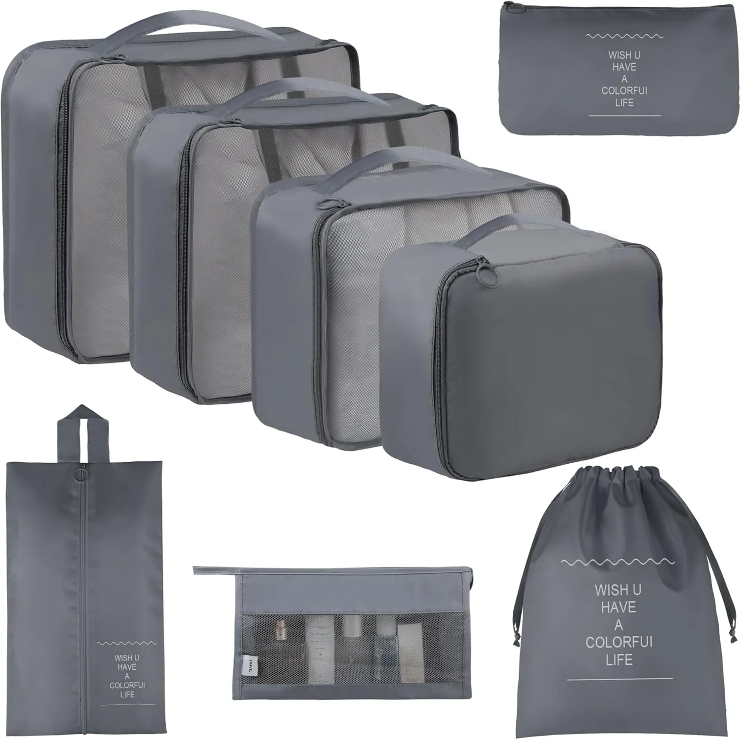 Vercord 8 Set Travel Packing Pods Luggage Organizers Cubes with Laundry Bags Accessories