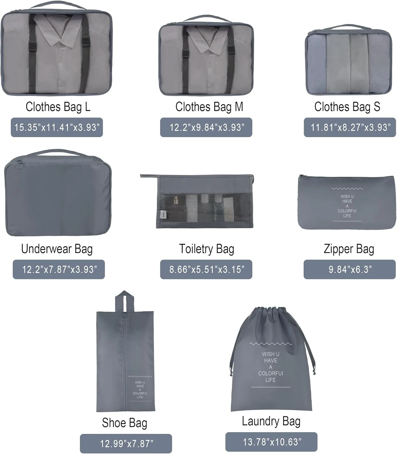 Vercord 8 Set Travel Packing Pods Luggage Organizers Cubes with Laundry Bags Accessories