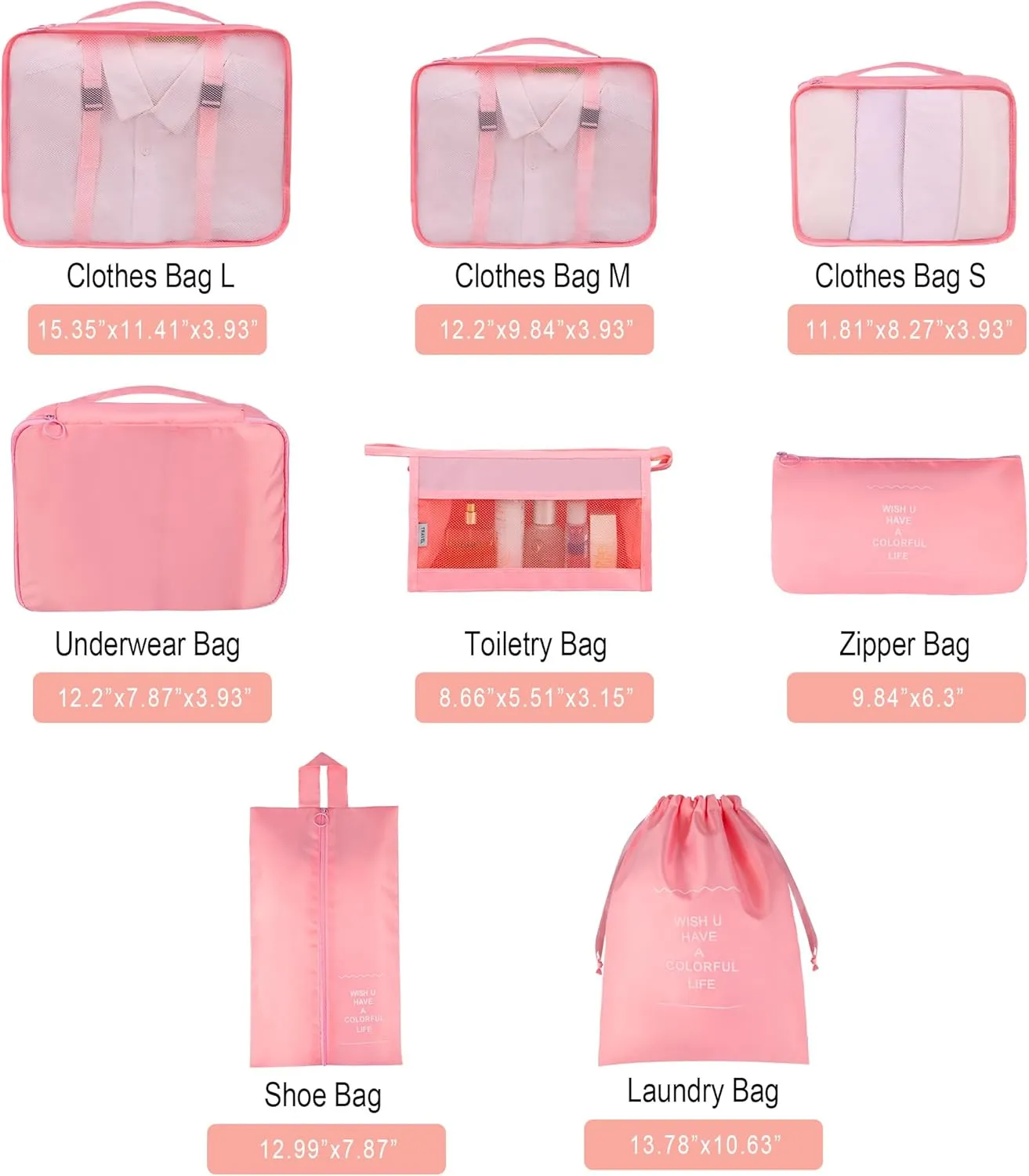 Vercord 8 Set Travel Packing Pods Luggage Organizers Cubes with Laundry Bags Accessories