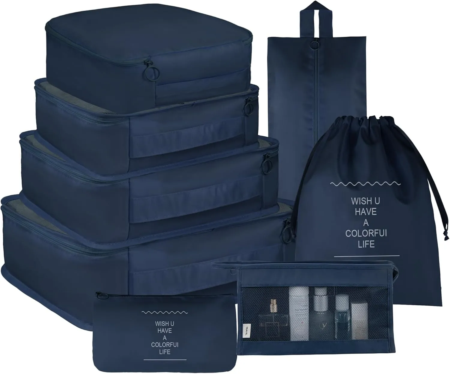 Vercord 8 Set Travel Packing Pods Luggage Organizers Cubes with Laundry Bags Accessories