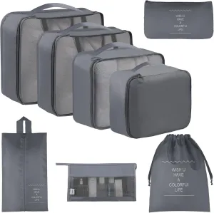 Vercord 8 Set Travel Packing Pods Luggage Organizers Cubes with Laundry Bags Accessories