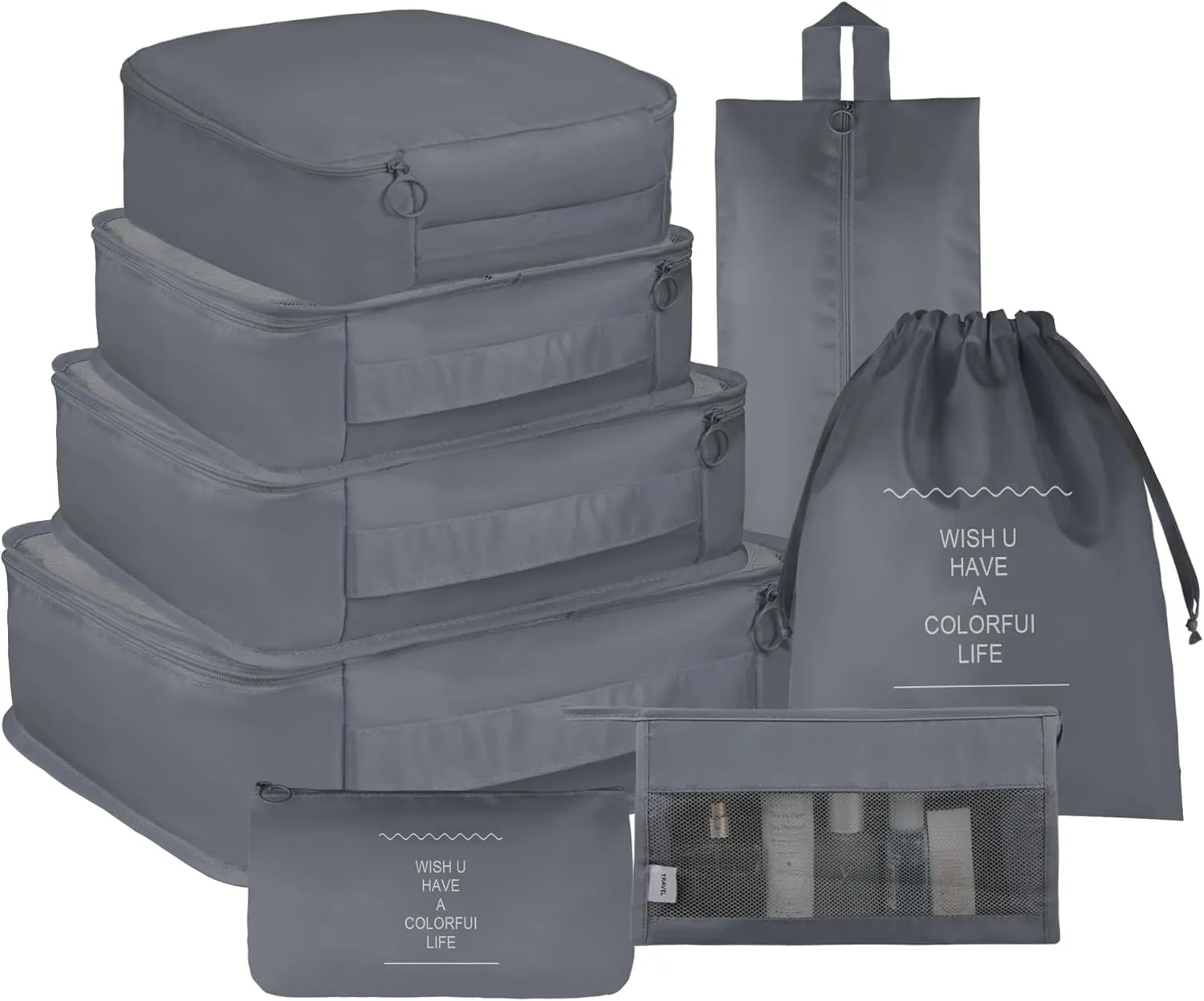 Vercord 8 Set Travel Packing Pods Luggage Organizers Cubes with Laundry Bags Accessories