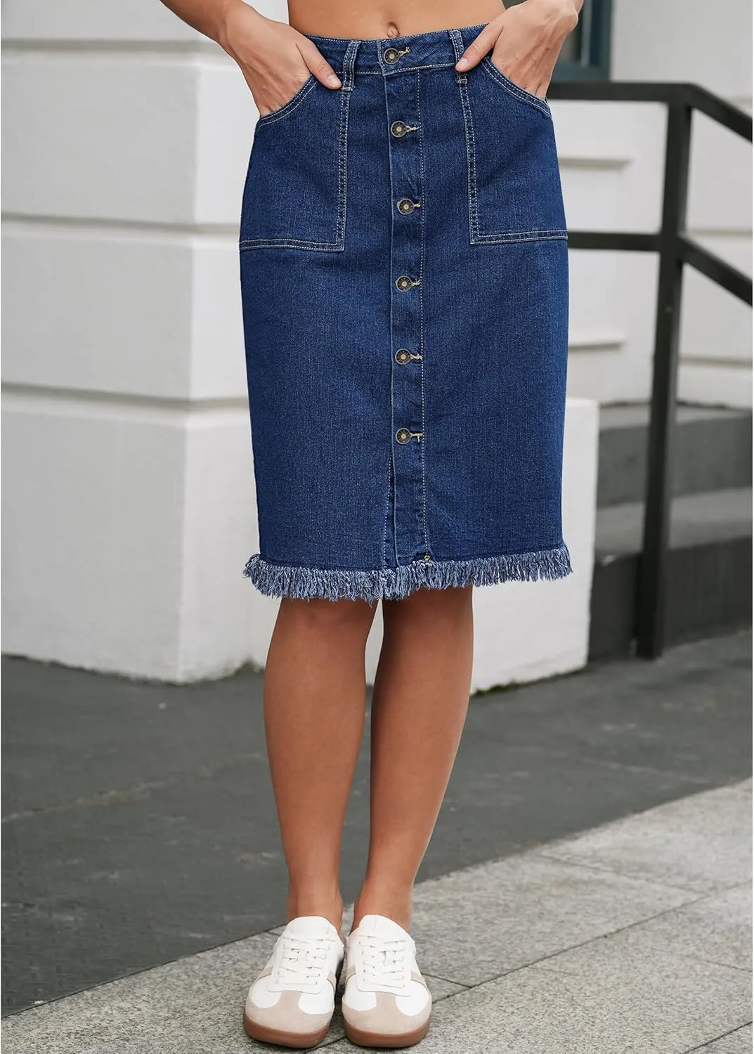 Vetinee Jean Skirts for Women Button Down Distressed Raw Hem Casual Summer Stretchy Knee Length Denim Skirt with Pockets