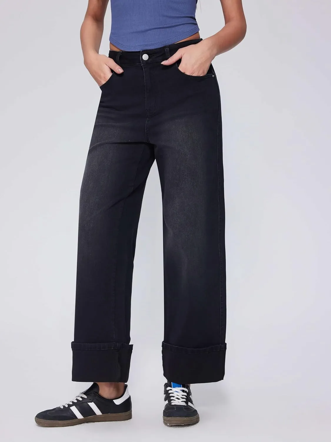 Vinova Womens Wide Leg Baggy Jeans Stretchy Folded Hem Cuffed Boyfriend Denim Pants Trendy Straight Leg Trouser Jeans