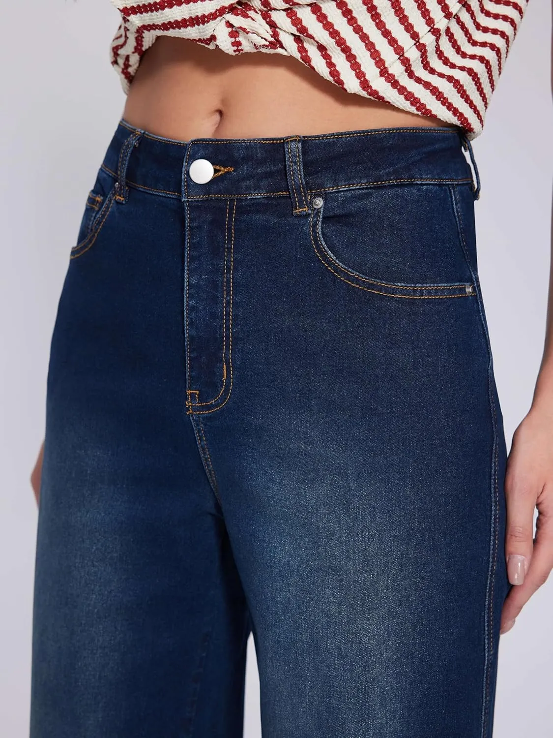 Vinova Womens Wide Leg Baggy Jeans Stretchy Folded Hem Cuffed Boyfriend Denim Pants Trendy Straight Leg Trouser Jeans
