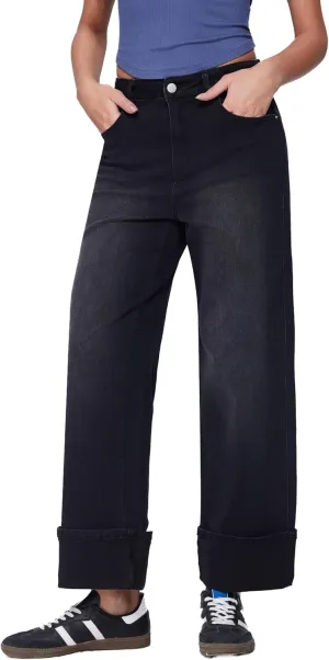 Vinova Womens Wide Leg Baggy Jeans Stretchy Folded Hem Cuffed Boyfriend Denim Pants Trendy Straight Leg Trouser Jeans