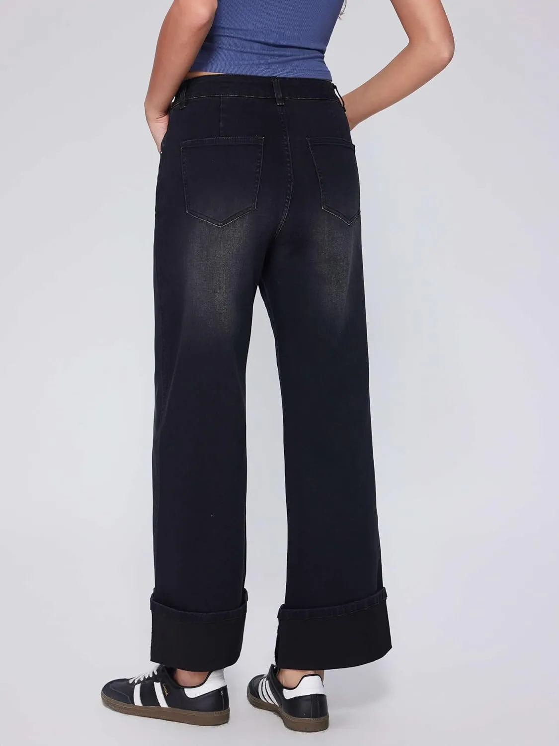 Vinova Womens Wide Leg Baggy Jeans Stretchy Folded Hem Cuffed Boyfriend Denim Pants Trendy Straight Leg Trouser Jeans