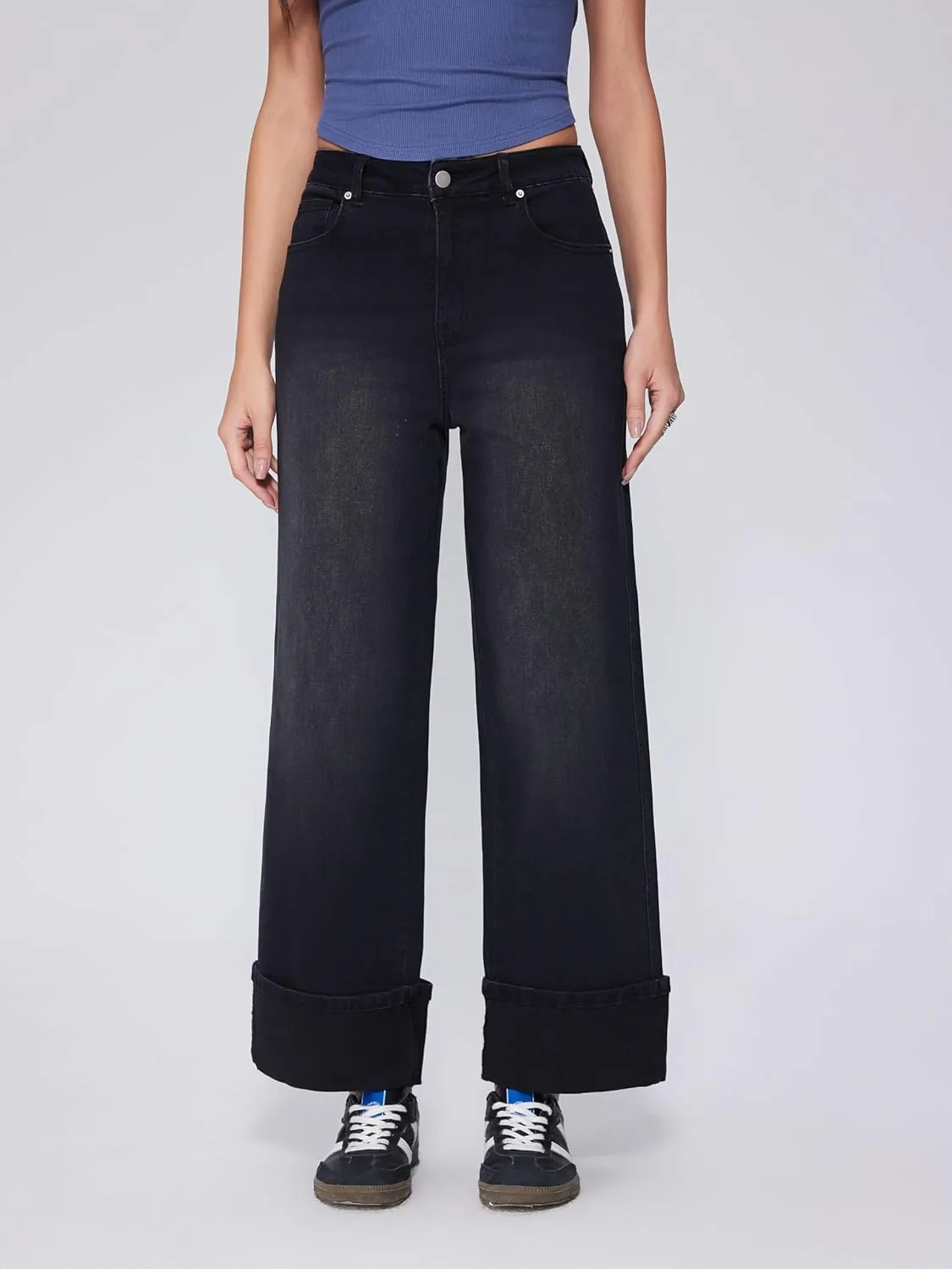 Vinova Womens Wide Leg Baggy Jeans Stretchy Folded Hem Cuffed Boyfriend Denim Pants Trendy Straight Leg Trouser Jeans