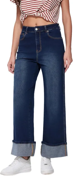 Vinova Womens Wide Leg Baggy Jeans Stretchy Folded Hem Cuffed Boyfriend Denim Pants Trendy Straight Leg Trouser Jeans