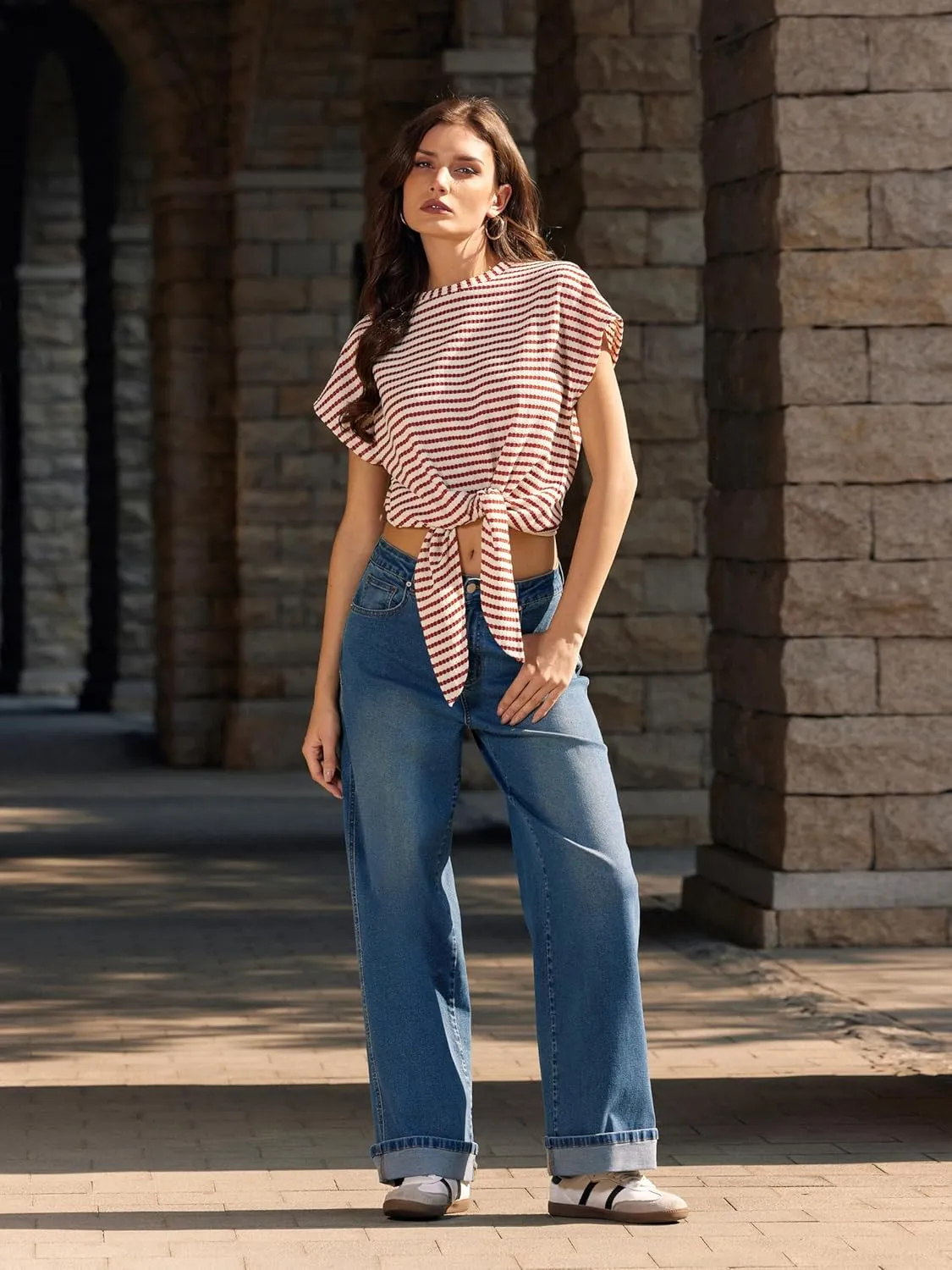 Vinova Womens Wide Leg Baggy Jeans Stretchy Folded Hem Cuffed Boyfriend Denim Pants Trendy Straight Leg Trouser Jeans