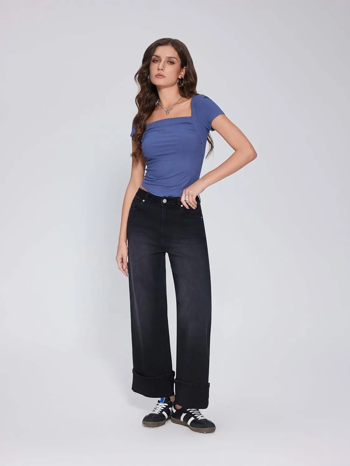 Vinova Womens Wide Leg Baggy Jeans Stretchy Folded Hem Cuffed Boyfriend Denim Pants Trendy Straight Leg Trouser Jeans