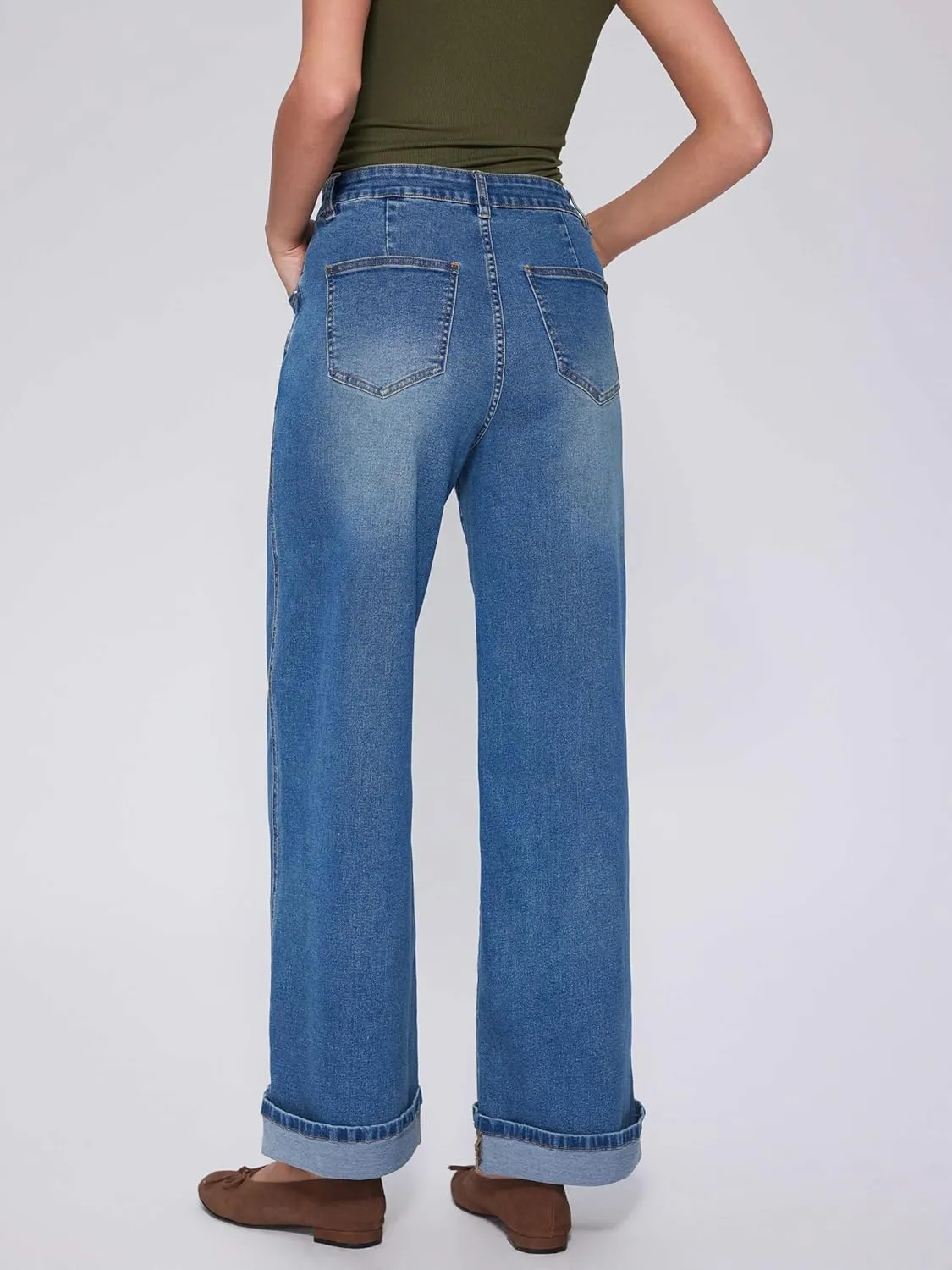 Vinova Womens Wide Leg Baggy Jeans Stretchy Folded Hem Cuffed Boyfriend Denim Pants Trendy Straight Leg Trouser Jeans