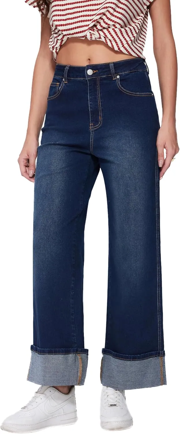 Vinova Womens Wide Leg Baggy Jeans Stretchy Folded Hem Cuffed Boyfriend Denim Pants Trendy Straight Leg Trouser Jeans