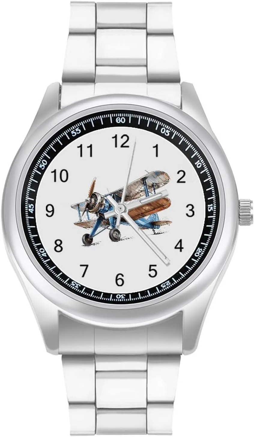 Vintage Biplane Sketch Fashion Classic Wrist Watches for Men Casual Business Dress Watch Unisex