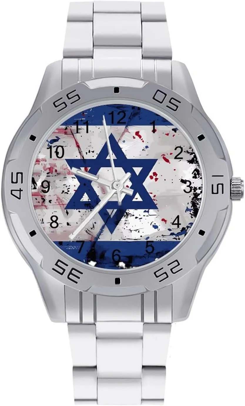 Vintage Israel U.S. Flag Men's Business Watch Fashion Stainless Steel Wristwatches Custom Easy Read Watches for Women