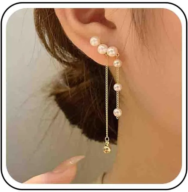Vintage Pearl Ear Climber Earrings Pearl Drop Earrings Pearl Chain Dangle Earrings Long Dangle Drop Earrings for Women
