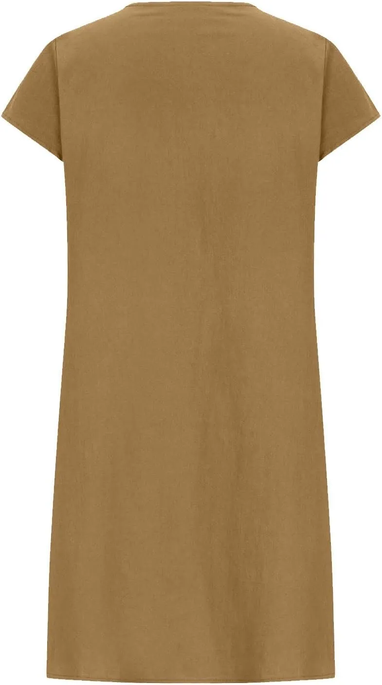 Vintage Summer Cotton Linen Dress for Women Casual Short Sleeve Ruched T Shirts Dress Loose Fit A-Line Beach Sundress