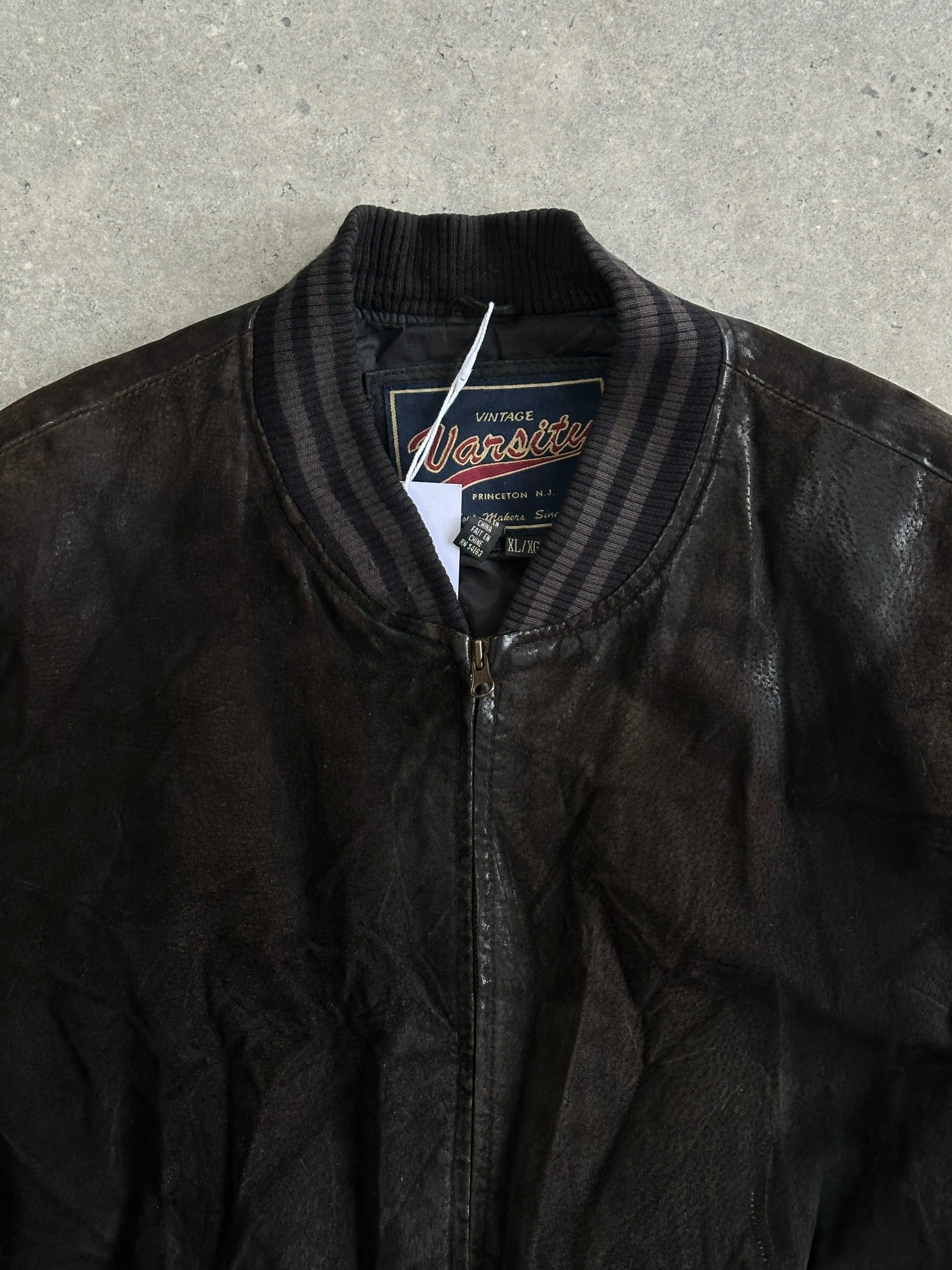 Vintage Varsity Nubuck Leather Bomber Jacket - XL