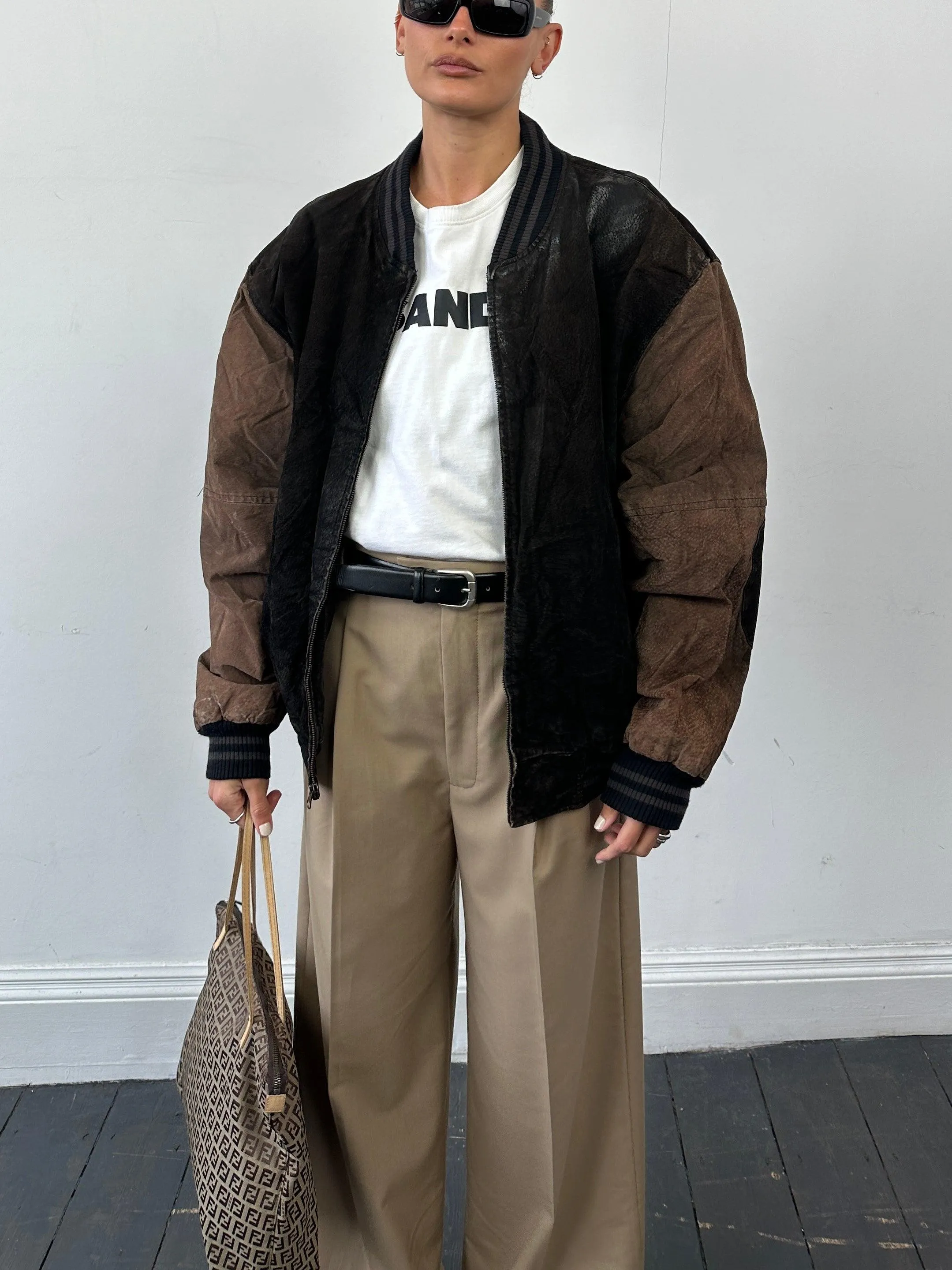 Vintage Varsity Nubuck Leather Bomber Jacket - XL
