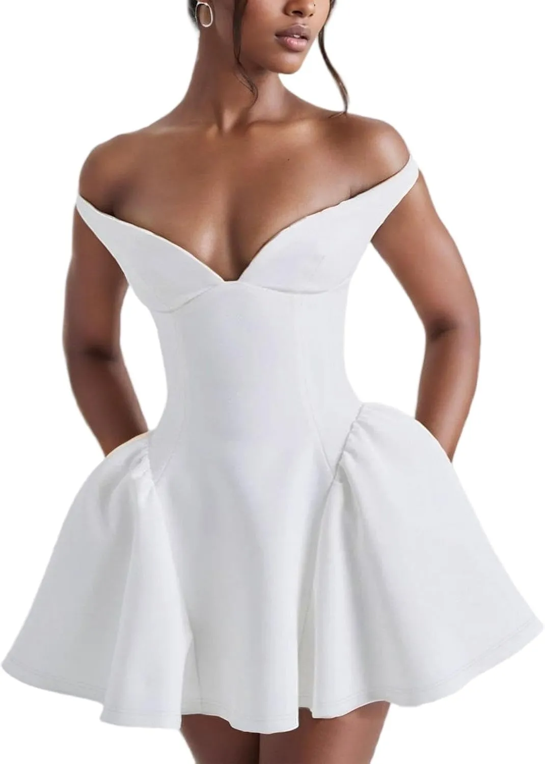Voghtic Women's Sexy Deep V Neck Backless Ruffle Hem Mini Dresses Party Clubwear Pleated A Line Short Dress