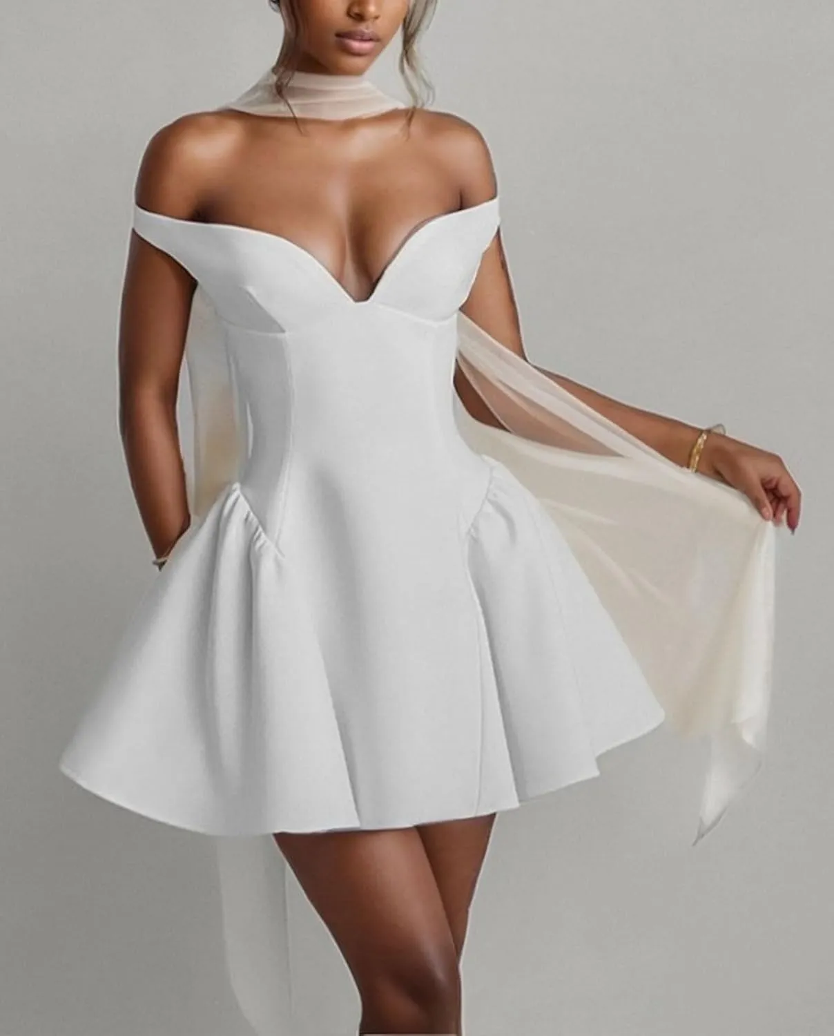 Voghtic Women's Sexy Deep V Neck Backless Ruffle Hem Mini Dresses Party Clubwear Pleated A Line Short Dress