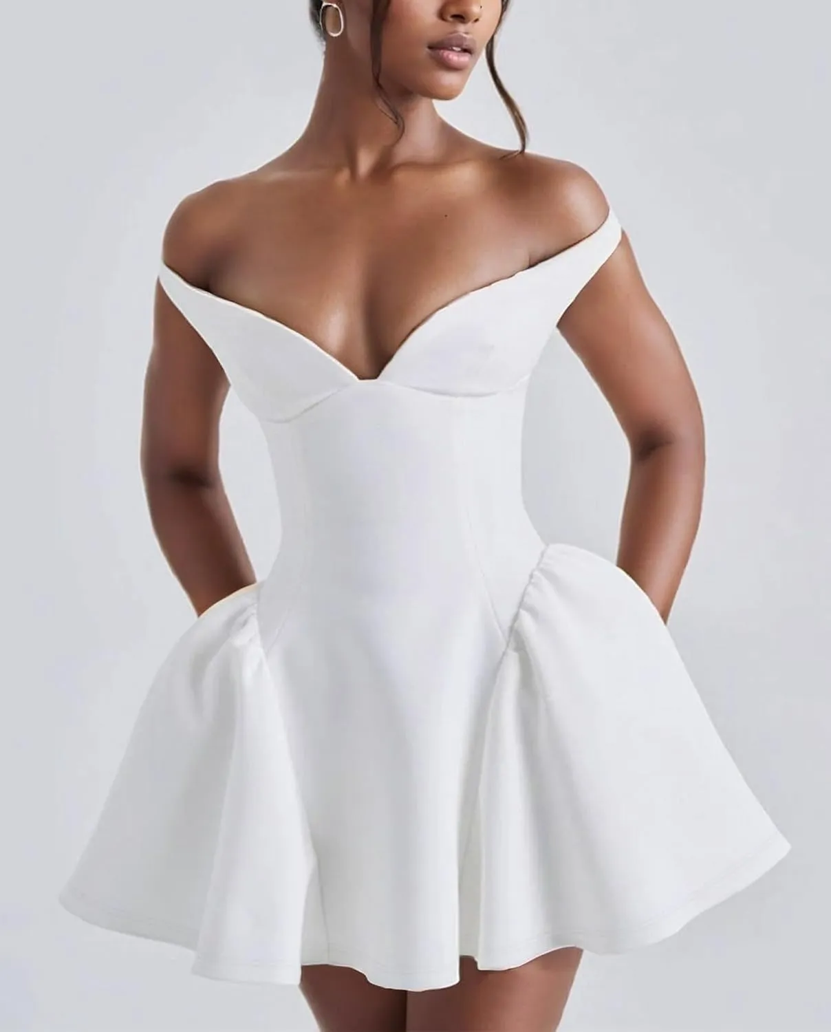 Voghtic Women's Sexy Deep V Neck Backless Ruffle Hem Mini Dresses Party Clubwear Pleated A Line Short Dress