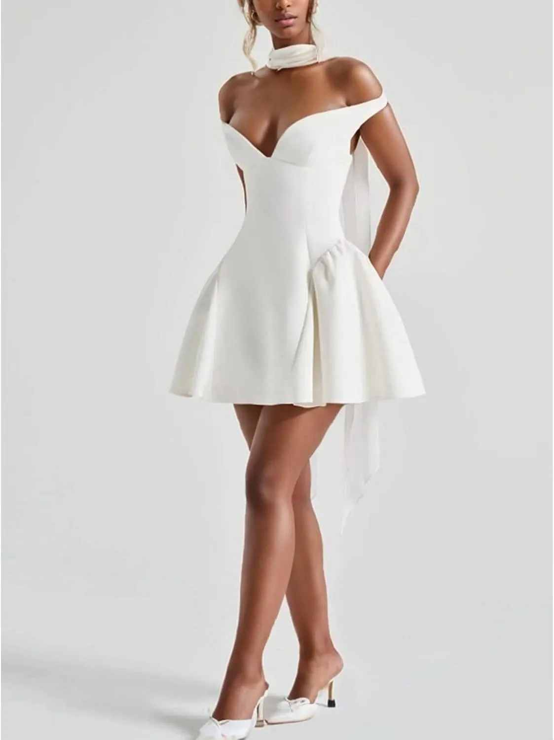Voghtic Women's Sexy Deep V Neck Backless Ruffle Hem Mini Dresses Party Clubwear Pleated A Line Short Dress