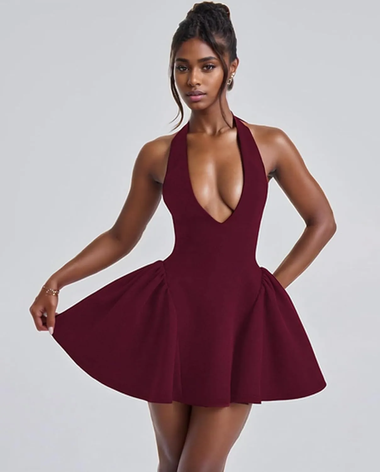 Voghtic Women's Sexy Deep V Neck Halter Backless Mini Dresses Party Clubwear Pleated A Line Short Dress