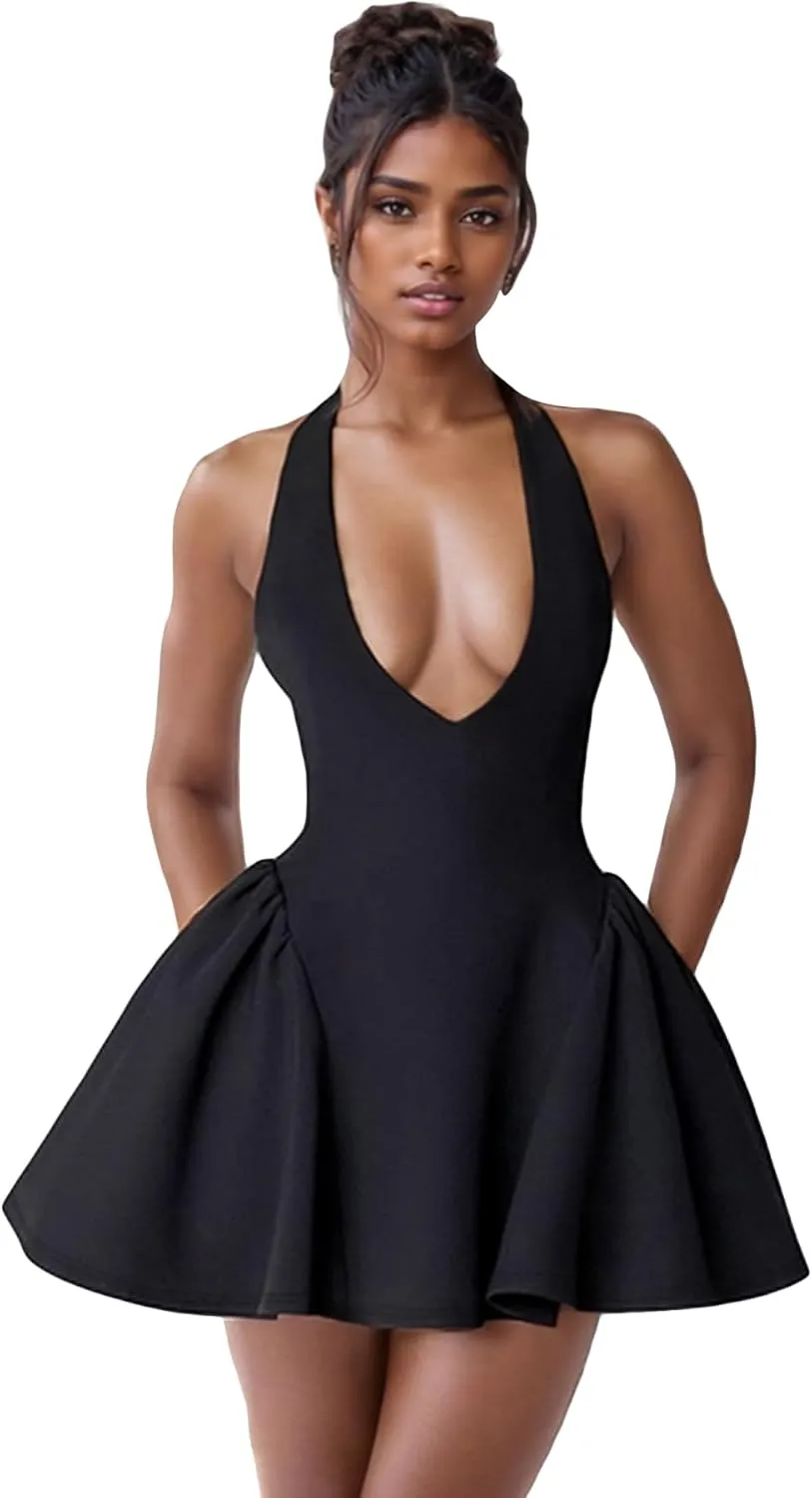 Voghtic Women's Sexy Deep V Neck Halter Backless Mini Dresses Party Clubwear Pleated A Line Short Dress