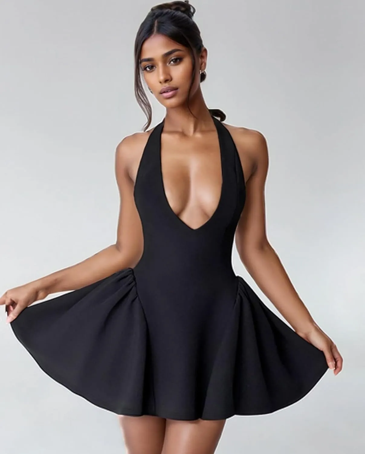 Voghtic Women's Sexy Deep V Neck Halter Backless Mini Dresses Party Clubwear Pleated A Line Short Dress