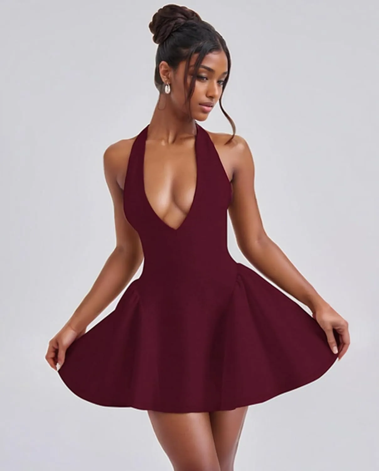 Voghtic Women's Sexy Deep V Neck Halter Backless Mini Dresses Party Clubwear Pleated A Line Short Dress