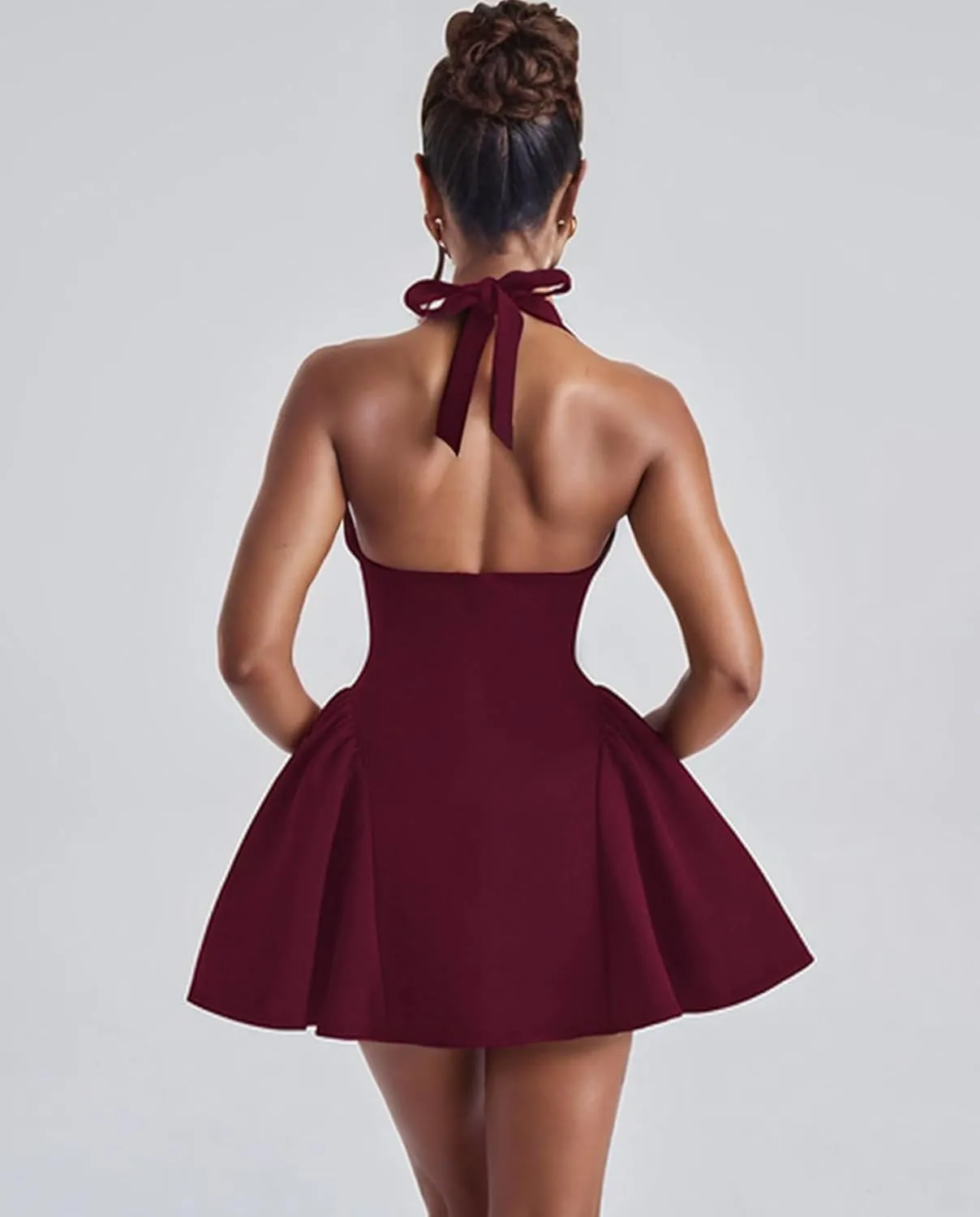 Voghtic Women's Sexy Deep V Neck Halter Backless Mini Dresses Party Clubwear Pleated A Line Short Dress