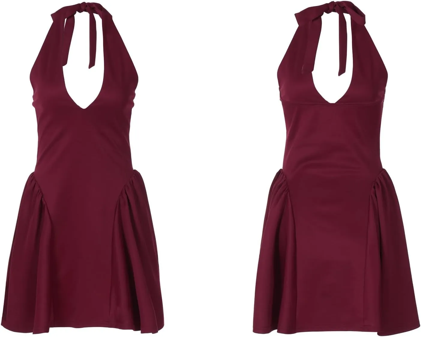 Voghtic Women's Sexy Deep V Neck Halter Backless Mini Dresses Party Clubwear Pleated A Line Short Dress