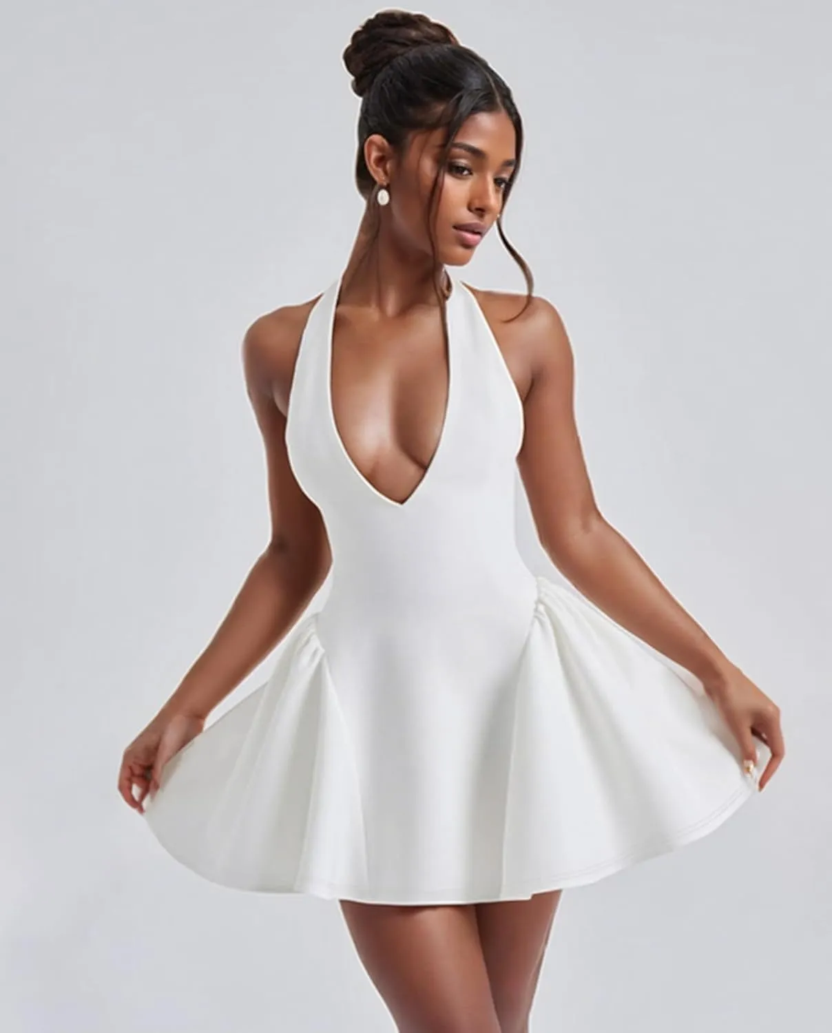 Voghtic Women's Sexy Deep V Neck Halter Backless Mini Dresses Party Clubwear Pleated A Line Short Dress
