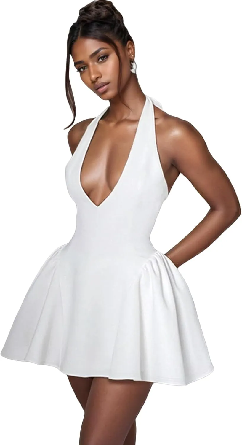 Voghtic Women's Sexy Deep V Neck Halter Backless Mini Dresses Party Clubwear Pleated A Line Short Dress