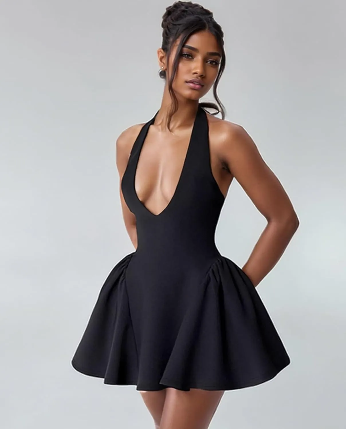 Voghtic Women's Sexy Deep V Neck Halter Backless Mini Dresses Party Clubwear Pleated A Line Short Dress