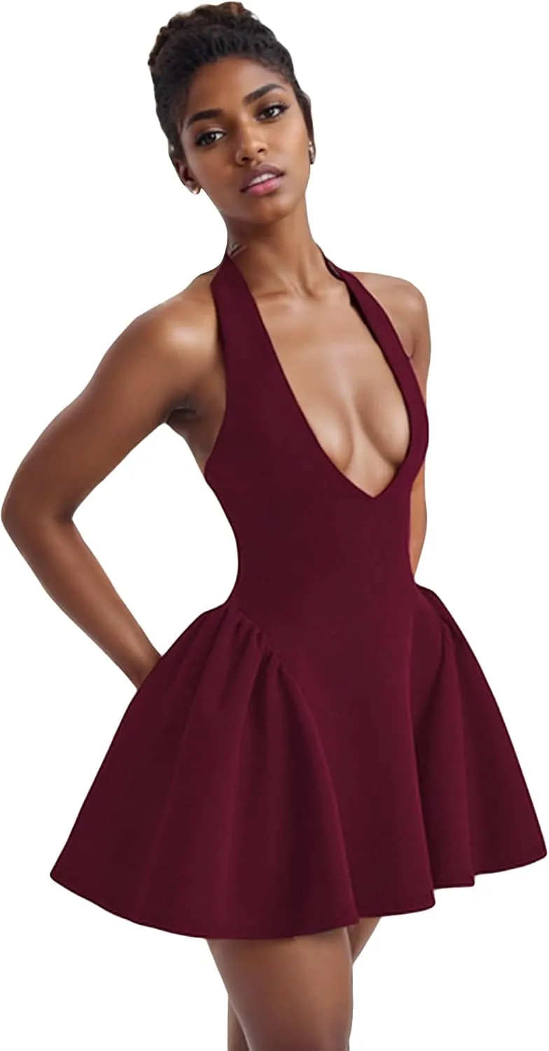Voghtic Women's Sexy Deep V Neck Halter Backless Mini Dresses Party Clubwear Pleated A Line Short Dress