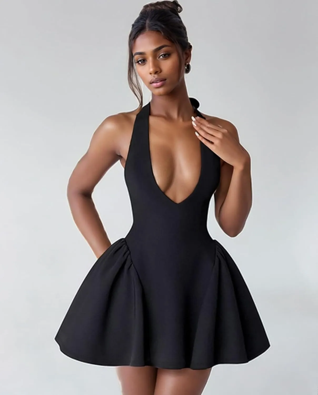 Voghtic Women's Sexy Deep V Neck Halter Backless Mini Dresses Party Clubwear Pleated A Line Short Dress
