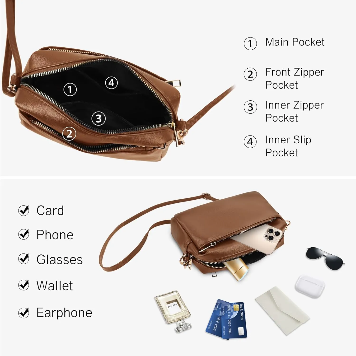 VOROLO Crossbody Bag Small Leather Triple Zip Crossbody Purse Shoulder Bag with Ajustable Strap for Women BROWN