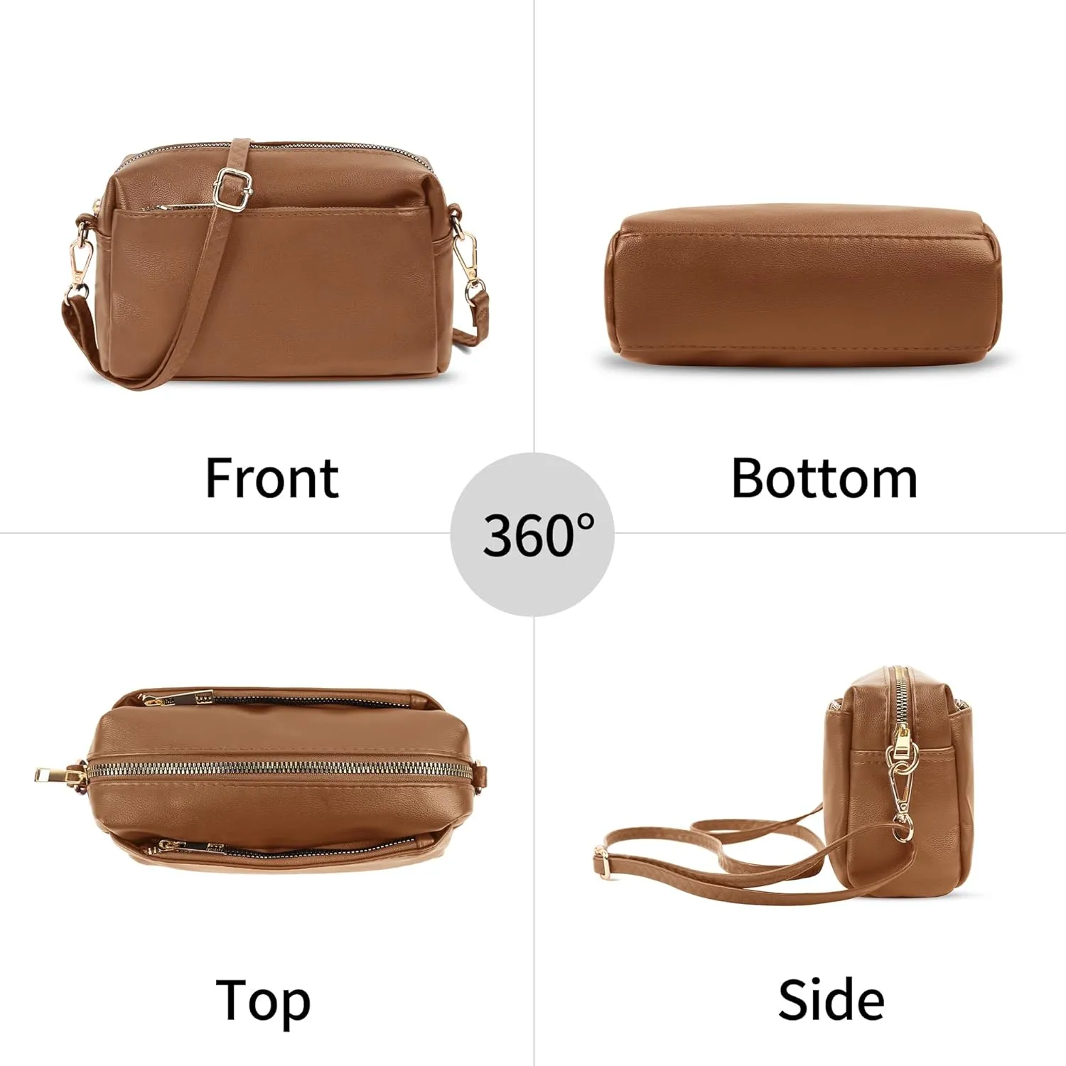 VOROLO Crossbody Bag Small Leather Triple Zip Crossbody Purse Shoulder Bag with Ajustable Strap for Women BROWN