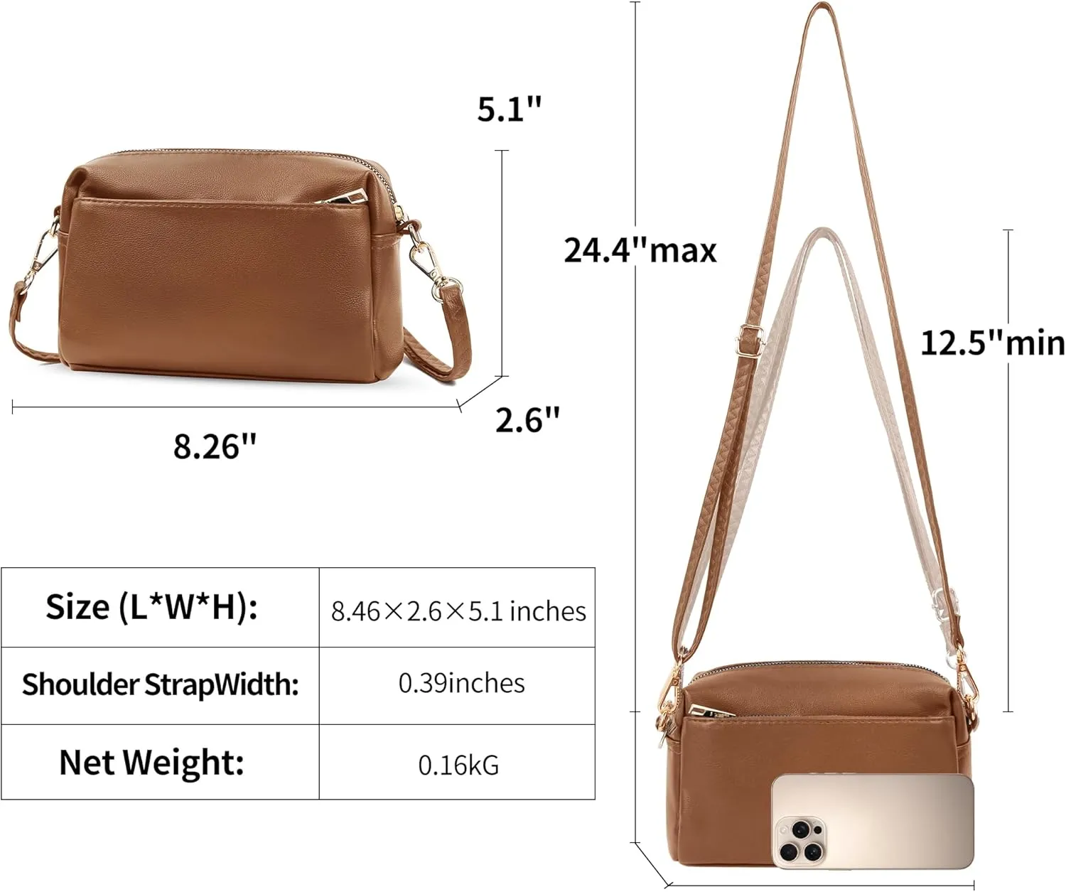 VOROLO Crossbody Bag Small Leather Triple Zip Crossbody Purse Shoulder Bag with Ajustable Strap for Women BROWN